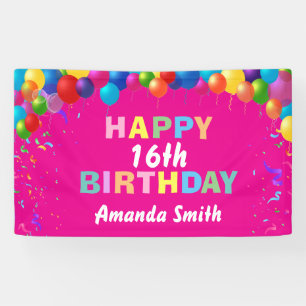 Banderoles Joyeux 16e anniversaire Ballons colorés rose chaud