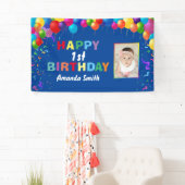 Banderoles Joyeux 1er anniversaire Ballons colorés Bleu (En situation)