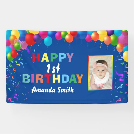 Banderoles Joyeux 1er anniversaire Ballons colorés Bleu (Horizontal)