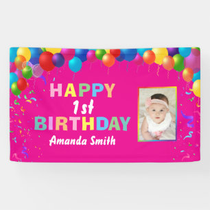 Banderoles Joyeux 1er anniversaire Ballons colorés rose chau