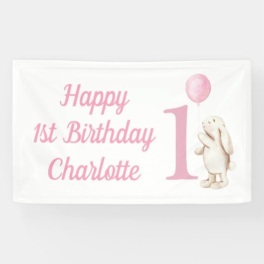 Banderoles Joyeux 1er Anniversaire Bunny Balloon rose (Horizontal)