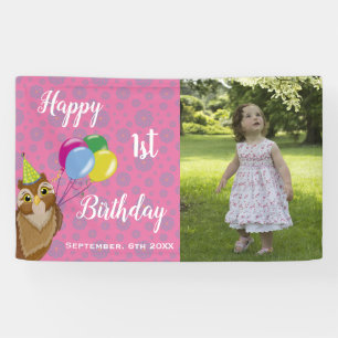 Banderoles Joyeux 1er anniversaire mignonne Chouette rose Ban