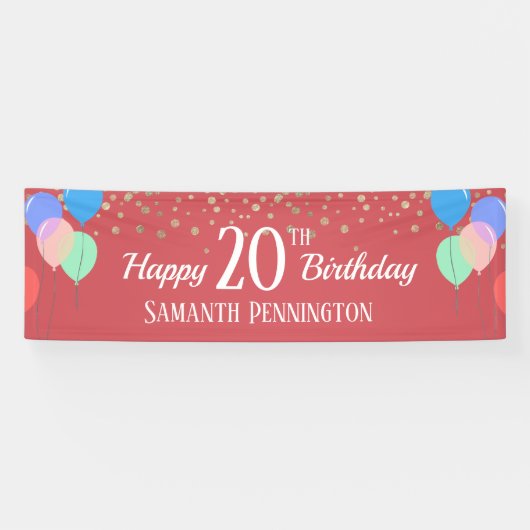 Banderoles Joyeux 20e anniversaire Confetti et ballons (Horizontal)