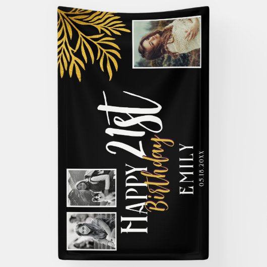 Banderoles Joyeux 21e anniversaire Gold Foliage 3 Fond photo (Vertical)