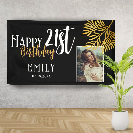 Banderoles Joyeux 21e anniversaire Gold Foliage Fond photo
