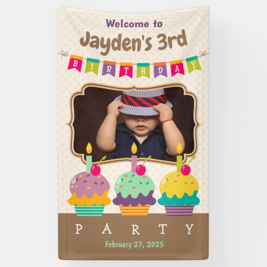 Banderoles Joyeux 3e anniversaire Colorful Cupcakes Bunting P (Vertical)