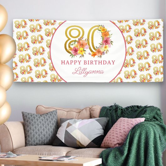Banderoles Joyeux 80e anniversaire fête Floral Gold Numéro 80