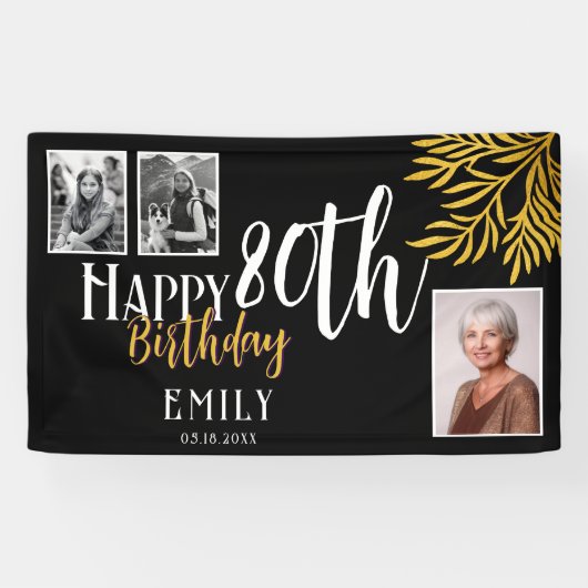 Banderoles Joyeux 80e Anniversaire Feuillage Doré 3 Photo Fon (Horizontal)