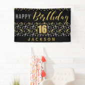 Banderoles Joyeux anniversaire 16 avec nom Noir et Or (En situation)