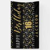 Banderoles Joyeux anniversaire 16 avec nom Noir et Or (Vertical)
