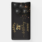 Banderoles joyeux anniversaire 21 or ballons noirs confetti (Verticale)