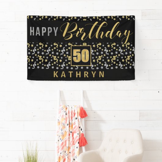 Banderoles Joyeux anniversaire 50 avec nom Noir et Or (En situation)
