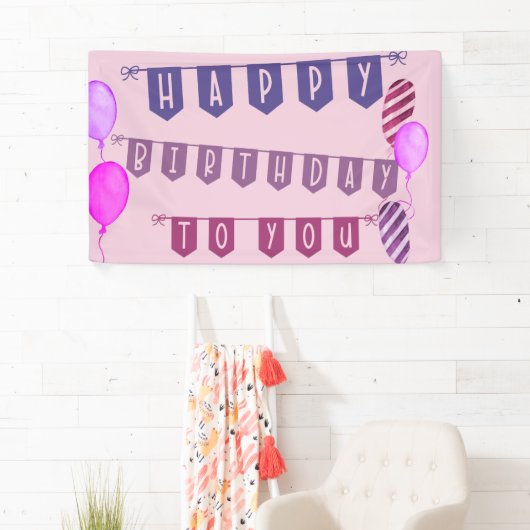 Banderoles Joyeux anniversaire à vous Bunting rose et ballons (En situation)