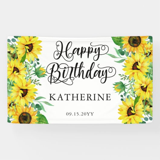 Banderoles Joyeux Anniversaire Boho Sunflowers | Eucalyptus P (Horizontal)