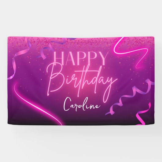 Banderoles Joyeux anniversaire de Confetti Neon violet rose (Horizontal)