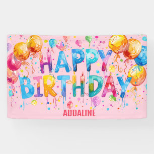 Banderoles Joyeux Anniversaire Enfants Aquarelle Rose Orange