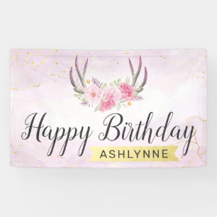 Banderoles Joyeux Anniversaire Floral Antlers Blush Rose & Or