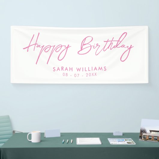 Banderoles Joyeux Anniversaire rose et blanc Script moderne (Salon professionnel)