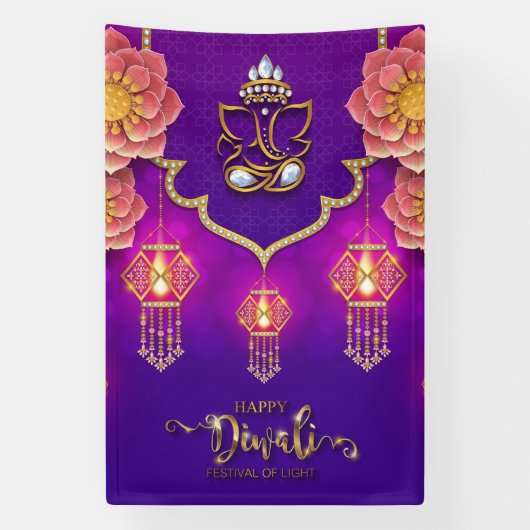 Banderoles Joyeux Diwali avec Ganesh, Rangoli et Diya (Verticale)