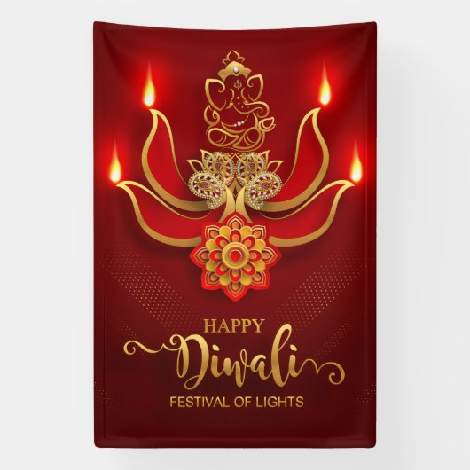 Banderoles Joyeux Diwali avec Ganesh, Rangoli et Diya (Verticale)