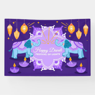 Banderoles Joyeux Diwali avec les éléphants, Rangoli et Diya