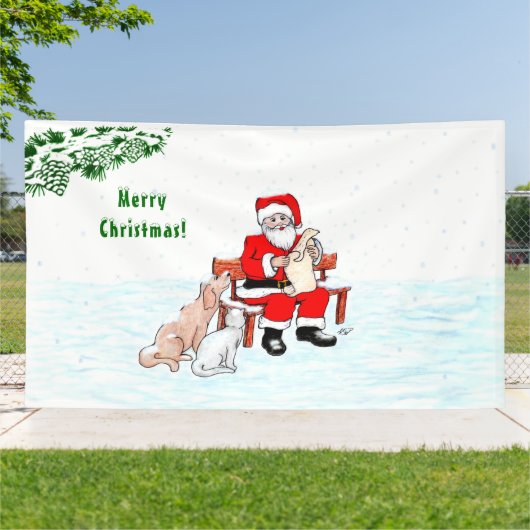 Banderoles Joyeux Noël! Père Noël avec chat et chien (Dehors)