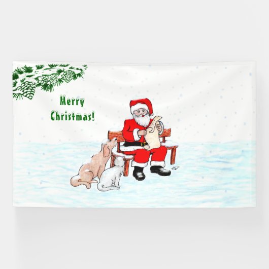 Banderoles Joyeux Noël! Père Noël avec chat et chien (Horizontal)