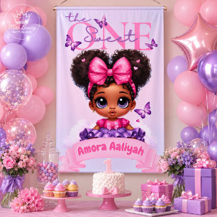 Banderoles Joyeux premier anniversaire ONE Purple Afro Puff B