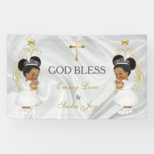 Banderoles Jumelles Fille Baptême Christening Or Ethnique