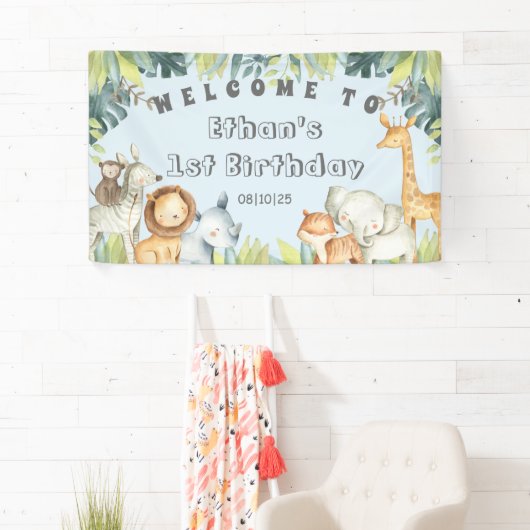 Banderoles Jungle animaux bleu garçon 1er anniversaire signe  (En situation)