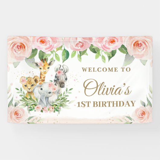 Banderoles Jungle Animaux Safari Blush Rose Floral fond (Horizontal)