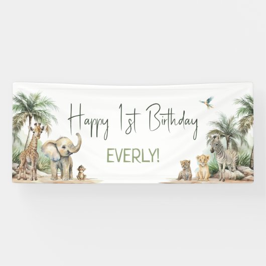 Banderoles Jungle Safari Animaux heureux Anniversaire Bienven (Horizontal)