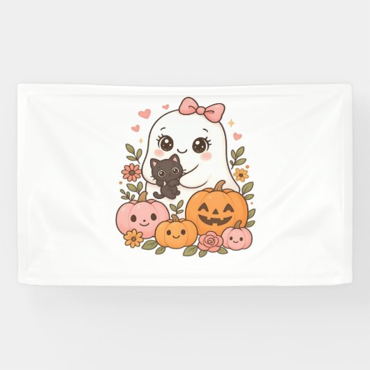 Banderoles Kawaii Ghost Halloween Chat noir Citrouille Chat c (Horizontal)