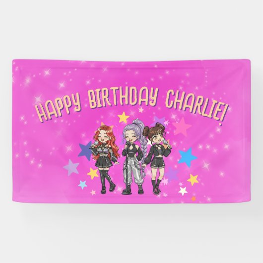 Banderoles KPOP Singing Birthday, pink stars (Horizontal)