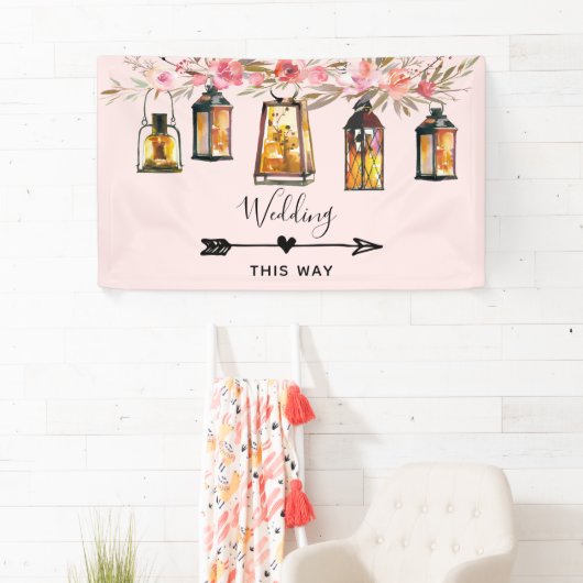 Banderoles Lanternes rustiques Rose Mariage or directionnel (En situation)