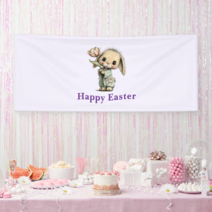 Banderoles Lapin mignon tenant une tulipe de Pâques