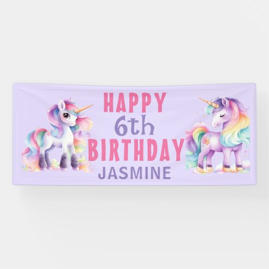 Banderoles Licorne Rose Violet 6ème Anniversaire Fille (Horizontal)