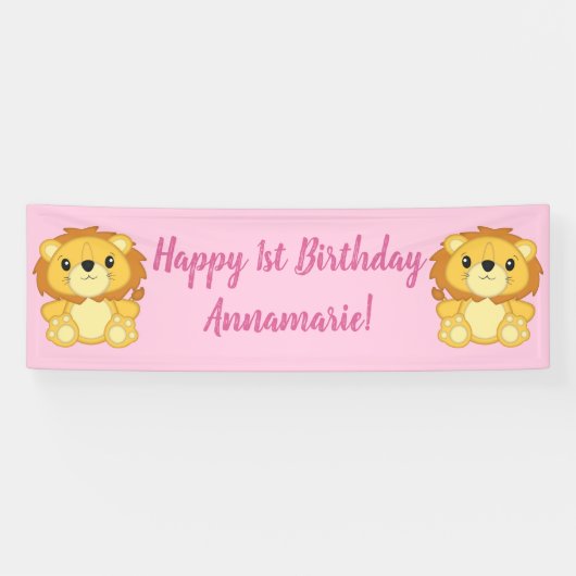 Banderoles Lion fête d'anniversaire rose (Horizontal)