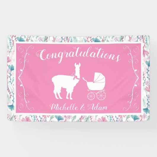 Banderoles Llama Baby shower mignonne fille rose (Horizontal)