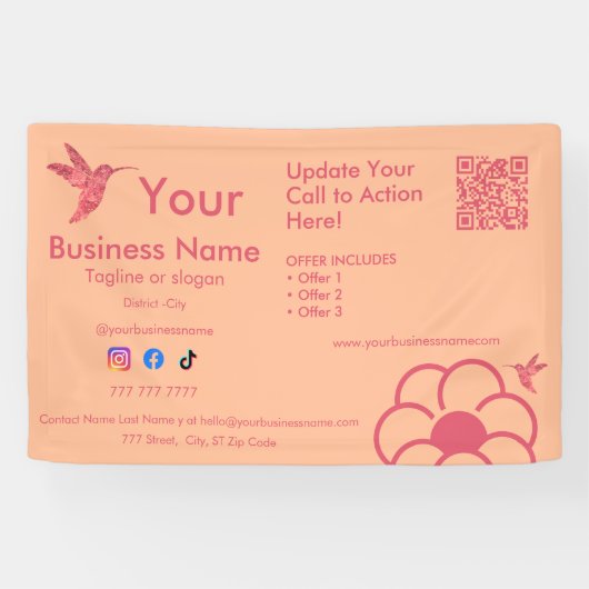 Banderoles Logo de colibri rose QR Code Peach Fuss Business (Horizontal)