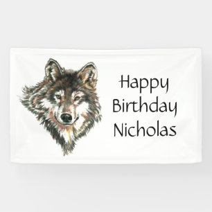 Banderoles Logo de loup gris aquarelle nom personnalisé loups