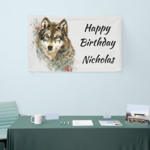 Banderoles Logo Loup Gris Aquarelle Nom Personnalisé Loups