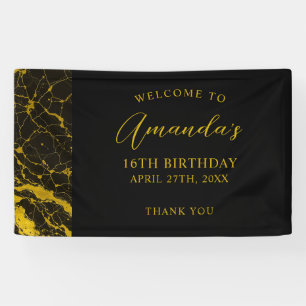 Banderoles Luxueux Marbre Noir & Or Sweet 16 Anniversaire