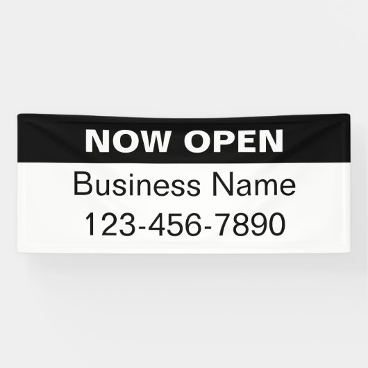 Banderoles Maintenant ouvert Noir et Blanc Nom commercial Tél (Horizontal)