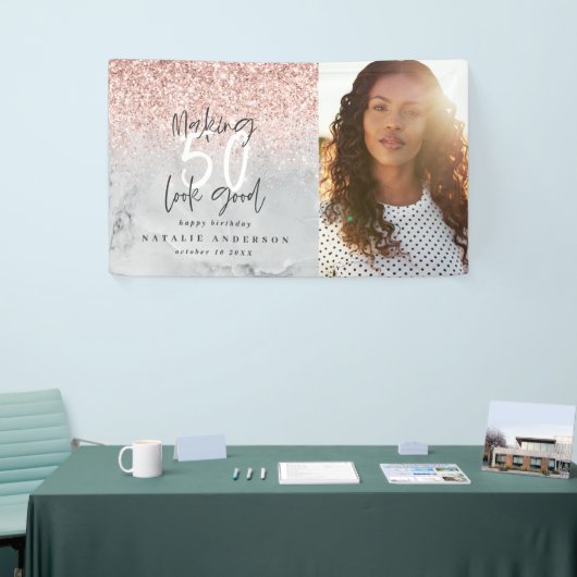 Banderoles Marbre parties scintillant rose pour 50 ans (Salon professionnel)