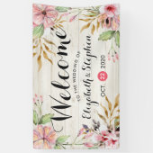 Banderoles Mariage Accueil Aquarelle Rose Fleur Rustique Bois (Vertical)