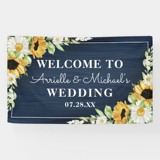 Banderoles Mariage Arrière - plan Rustic Sunflower Navy Blue  (Horizontal)