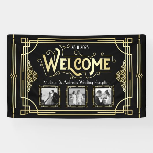 Banderoles Mariage Art déco Gold Black Gatsby Photo Bienvenue (Horizontal)