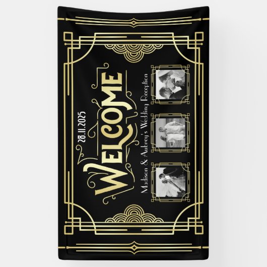 Banderoles Mariage Art déco Gold Black Gatsby Photo Bienvenue (Vertical)