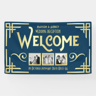 Banderoles Mariage Art déco Gold Blue Trois photos Bienvenue